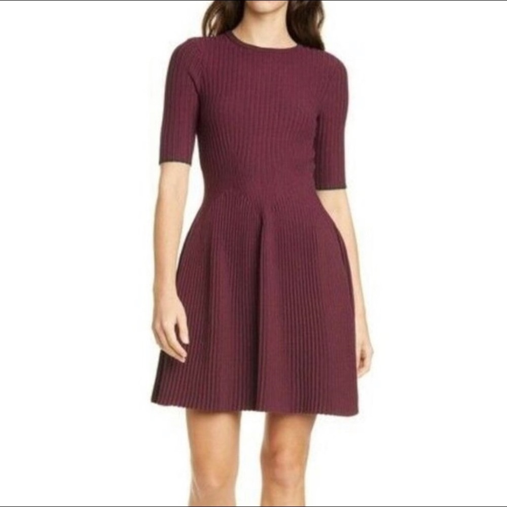 Ted Baker Sz 14 Burgundy Green Knit Dress